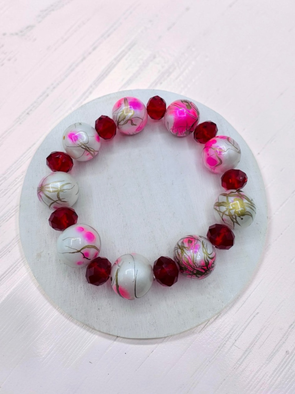 Handmade Pink & Red Beaded Stretch Bracelet | Statement Chunky Beads - Picture 2 of 4